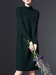 H-line Solid Casual Long Sleeve Knitted Plus Size Sweater Dress