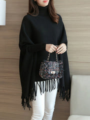 Turtle Neck Knitted Casual Plain Batwing Cape