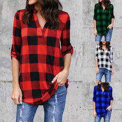 V Neck Asymmetric Hem Gingham Blouses
