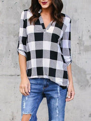 V Neck Asymmetric Hem Gingham Blouses