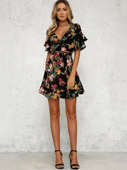 Floral Printed Falbala Belted Mini Dress