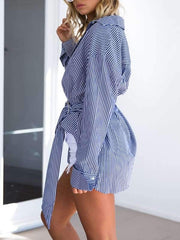 Fashion Stripe Long sleeve Irregular Lacing Blouses