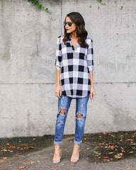V Neck Asymmetric Hem Gingham Blouses