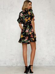 Floral Printed Falbala Belted Mini Dress