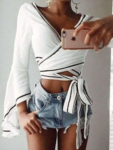 Fashion V neck Lacing Mandarin sleeve T-Shirts