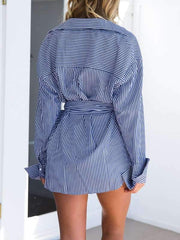 Fashion Stripe Long sleeve Irregular Lacing Blouses