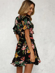 Floral Printed Falbala Belted Mini Dress