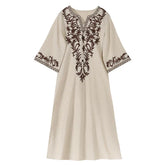 Vintage V Neck Boho Cotton Linen Floral Embroidery Long Boho Dress