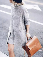 Gray Knitted Solid Turtle Neck Long Sleeve Dress