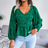 Summer Leopard Print Chiffon Shirt, Fashion V-Neck Lantern Long Sleeve Ruffle Hem Top