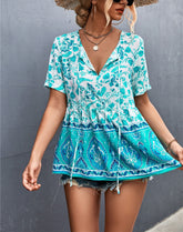 Women'S New Summer Print V-Neck Flower Blouse, Short-Sleeved