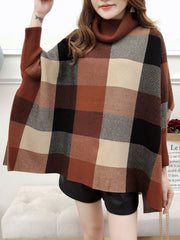 Knitted Cowl Neck Checkered Elegant Cloak Sweater