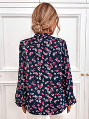 Tie neck bownet women printed long sleeve blouses