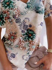 Tribal Print Frill Sleeve Holiday Casual Short V neck Sleeve T-Shirts