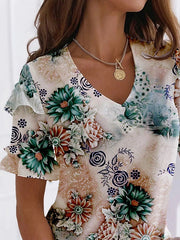 Tribal Print Frill Sleeve Holiday Casual Short V neck Sleeve T-Shirts