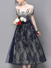 Tulle Embroidery O-Neck Short Sleeves Maxi Dresses