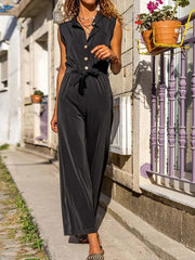 Turn down neck Jumpsuit Sleeveless Buckle Printed Jumpsuits