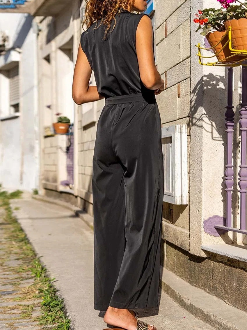 Turn down neck Jumpsuit Sleeveless Buckle Printed Jumpsuits