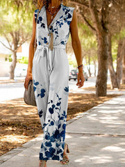 Turn down neck Jumpsuit Sleeveless Buckle Printed Jumpsuits