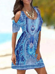 U neck off shoulder short sleeve bohemia vacation dresses