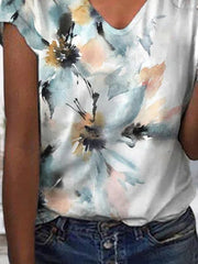 V Neck Floral Loosen Vacation T-Shirts