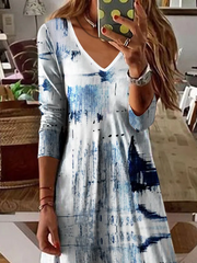 V Neck Geometric Casual Long Sleeve Maxi Dress