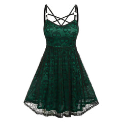 Vintage Halloween Skull Print Slip Cross Bandage Mesh Backless Prom Gothic Clubwear Dress