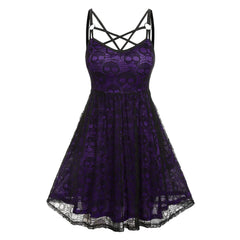 Vintage Halloween Skull Print Slip Cross Bandage Mesh Backless Prom Gothic Clubwear Dress