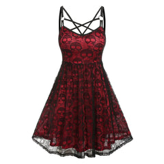 Vintage Halloween Skull Print Slip Cross Bandage Mesh Backless Prom Gothic Clubwear Dress