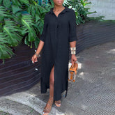 Vintage Solid Tunicas Lapel Button Up Boho Maxi Dress