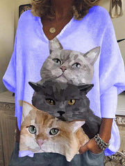 V neck cat printed women long sleeve casual blouses