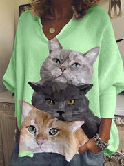 V neck cat printed women long sleeve casual blouses