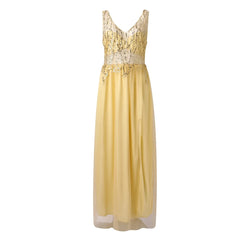 Deep V Neck Slim Waist Sequins Hollow Lace Party High Slits Mesh SunLong Dress