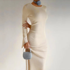 Fashion Knitted Bodycon Solid Color Long Sleeve Tie Backless Slim Fit Casual Vestidos Mujer Dress