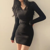 Knit V-Neck Long Solid Casual Sweater Autumn Winter Midi Dresses
