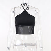 Streetwear Backless See Through Bodycon Lace Up Mesh Short Top