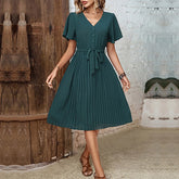 Summer Elegant Pleated Short Sleeve V-Neck Lace-Up High Waist Midi Dress