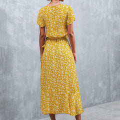 Summer V Neck Ruffle Short Sleeve Split Wrap Maxi Tie Waist Casual Flowy Long Party Smocked For Dress