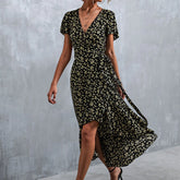 Summer V Neck Ruffle Short Sleeve Split Wrap Maxi Tie Waist Casual Flowy Long Party Smocked For Dress