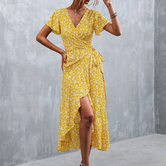 Summer V Neck Ruffle Short Sleeve Split Wrap Maxi Tie Waist Casual Flowy Long Party Smocked For Dress
