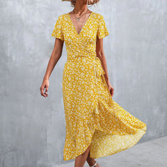 Summer V Neck Ruffle Short Sleeve Split Wrap Maxi Tie Waist Casual Flowy Long Party Smocked For Dress