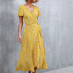 Summer V Neck Ruffle Short Sleeve Split Wrap Maxi Tie Waist Casual Flowy Long Party Smocked For Dress
