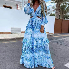 Hollow Out Lantern Sleeve Backless V-Neck Beach Cover Up Maxi Party Long Women's Dress