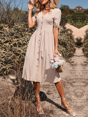 Vintage Holiday V Neck Buttons High Waist A-Line Casual Dress