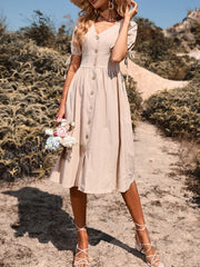 Vintage Holiday V Neck Buttons High Waist A-Line Casual Dress