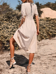 Vintage Holiday V Neck Buttons High Waist A-Line Casual Dress