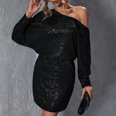 Asymmetrical Neck Batwing Sleeve Sequin Shiny Bodycon Dress