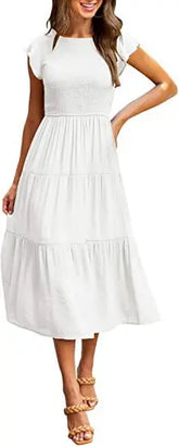 Flying Pleated Layering Solid Swing Trending Loose Midi Dresses