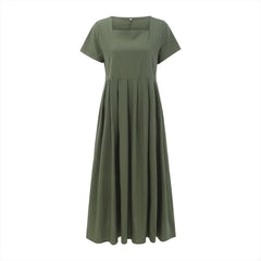 Casual Solid Color Square Collar Cotton Linen Swing Party Midi SunVestidos Dress