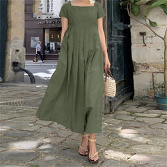 Casual Solid Color Square Collar Cotton Linen Swing Party Midi SunVestidos Dress